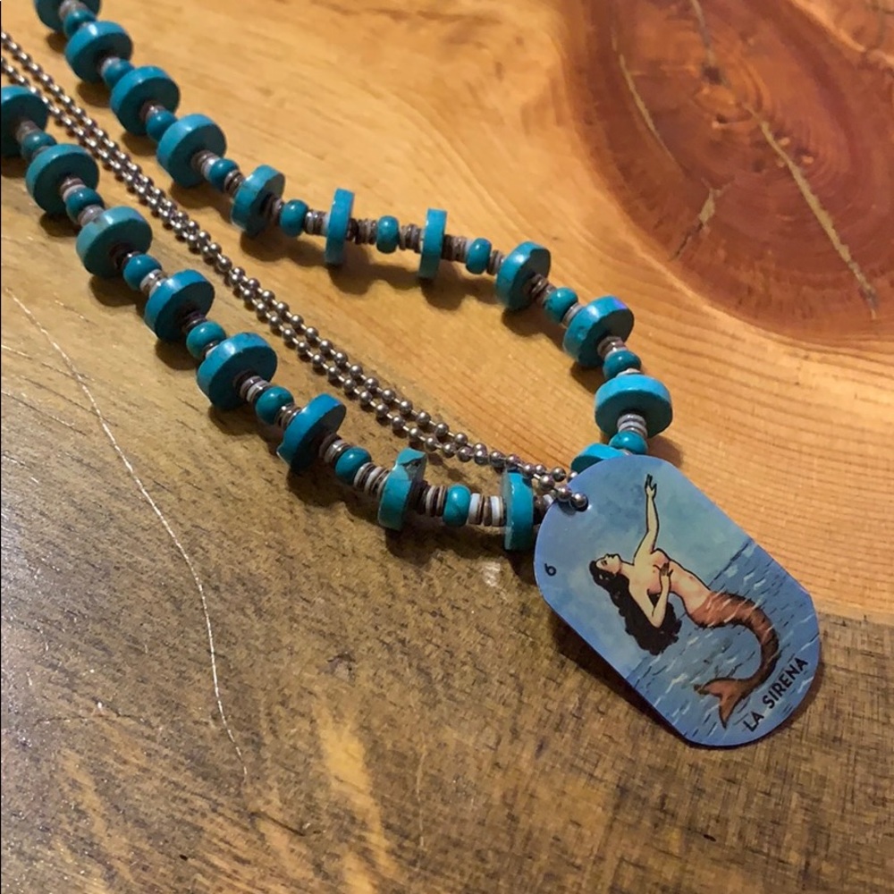 Mexican tarot La Sirena tag turquoise necklace